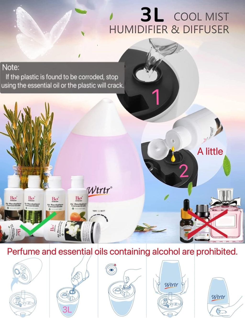 Wtrtr Cool Mist Humidifier for Bedroom, 3L Ultrasonic Air Humidifier for Babies, Premium Humidifying Unit, Whisper-Quiet Operation & Automatic Shut-Off...