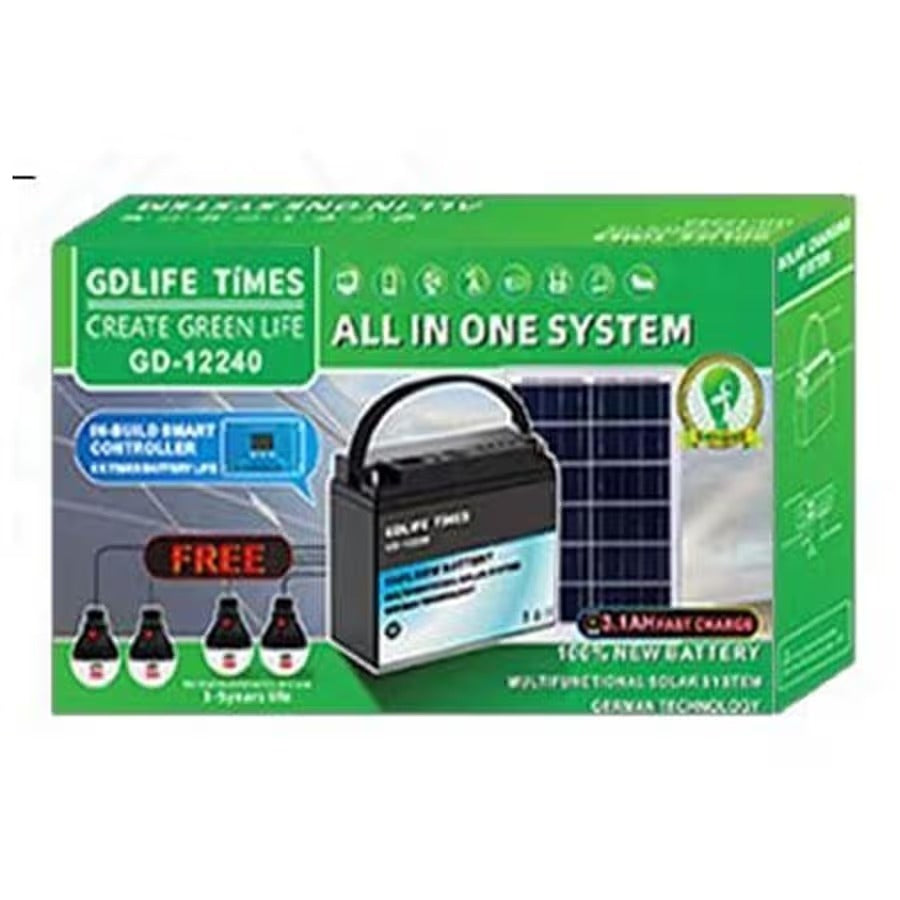 GD12240 12v 20ah Solar Storage Emergency Solar Generator With 4pcs Bulb 20w Solar Panel Ups Battery.