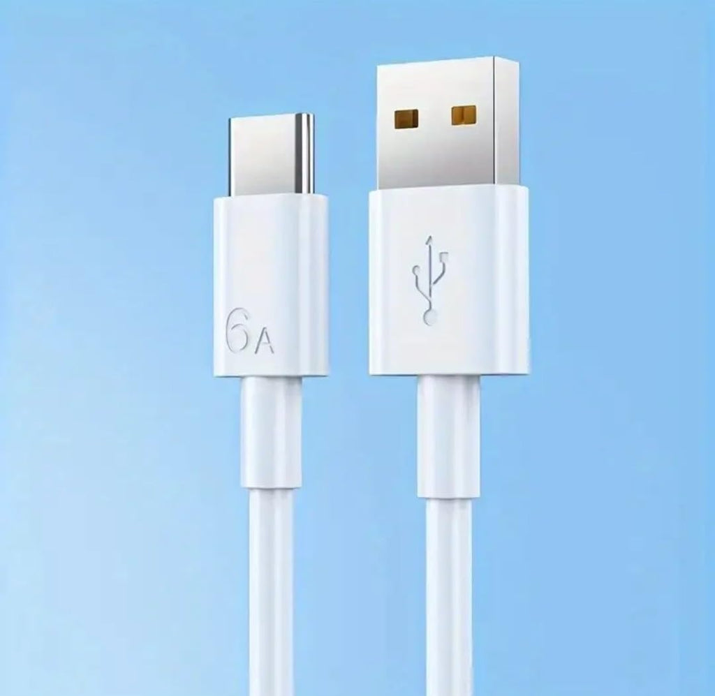 USB to USB-C Cable, White, Fast Charging Data Sync Cord with Orange Accents.