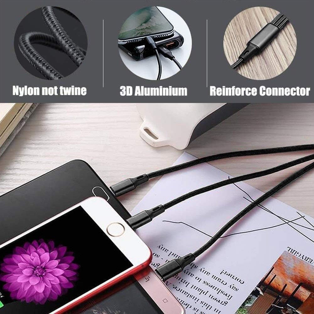 EZRA 3-in-1 USB Charging Cable, 1 Metre Length, Compatible with Lightning/Micro USB/Type-C, 3A, Black