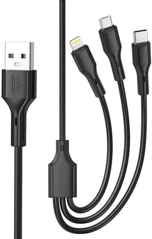 EZRA 3-in-1 USB Charging Cable, 1 Metre Length, Compatible with Lightning/Micro USB/Type-C, 3A, Black
