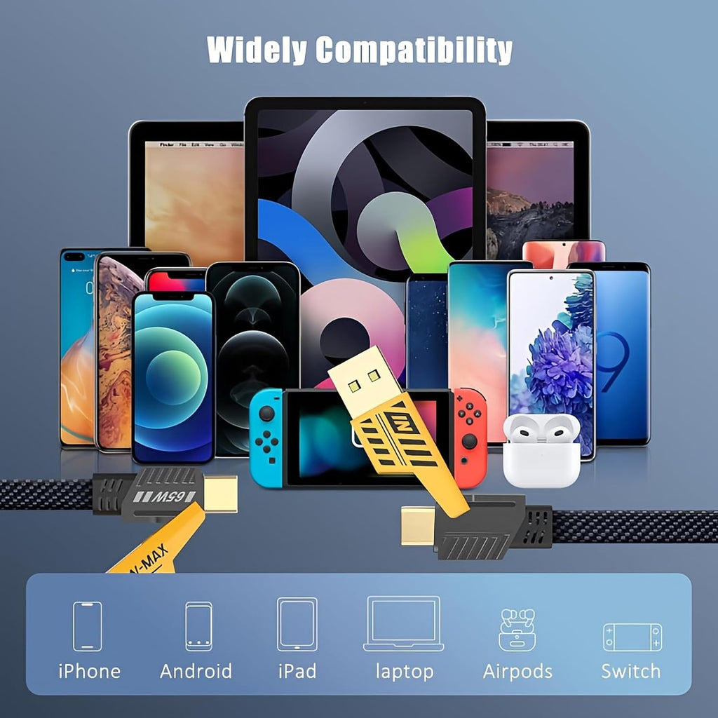 Multi USB Charging Cable 4 in 1, 1.2M Fast Charging Cable with USB A/USB C 65W Type-C and 27W PD Fast Charging Data Transfer Cable Compatible with All Phones.