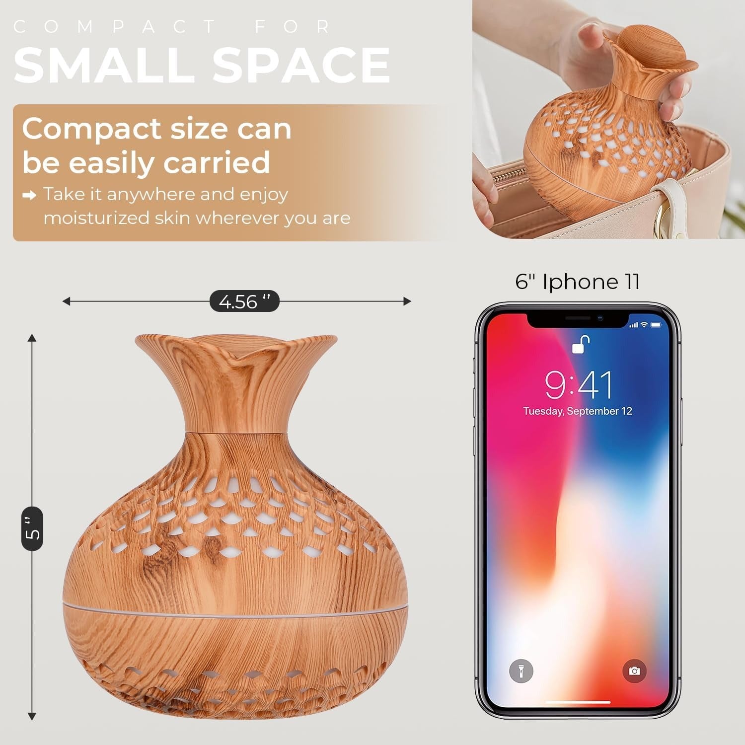Portable Mini Humidifier, 300ml Wood Grain Vase Small Humidifiers, Quiet Cool Mist Plant Humidification for Bedroom Car, USB Personal Desktop Diffuser for...