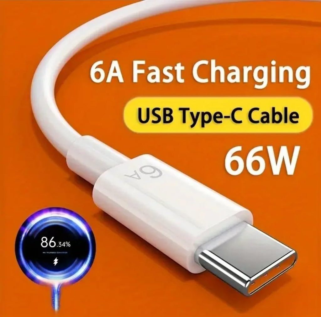 USB to USB-C Cable, White, Fast Charging Data Sync Cord with Orange Accents.